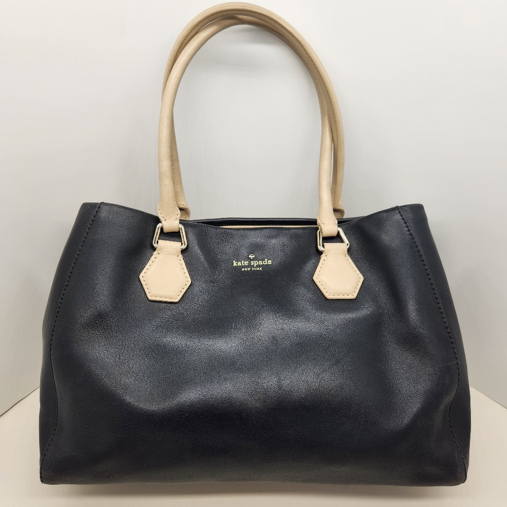 Kate Spade tote bag black leather cream handles Catherine Street Wensley preppy